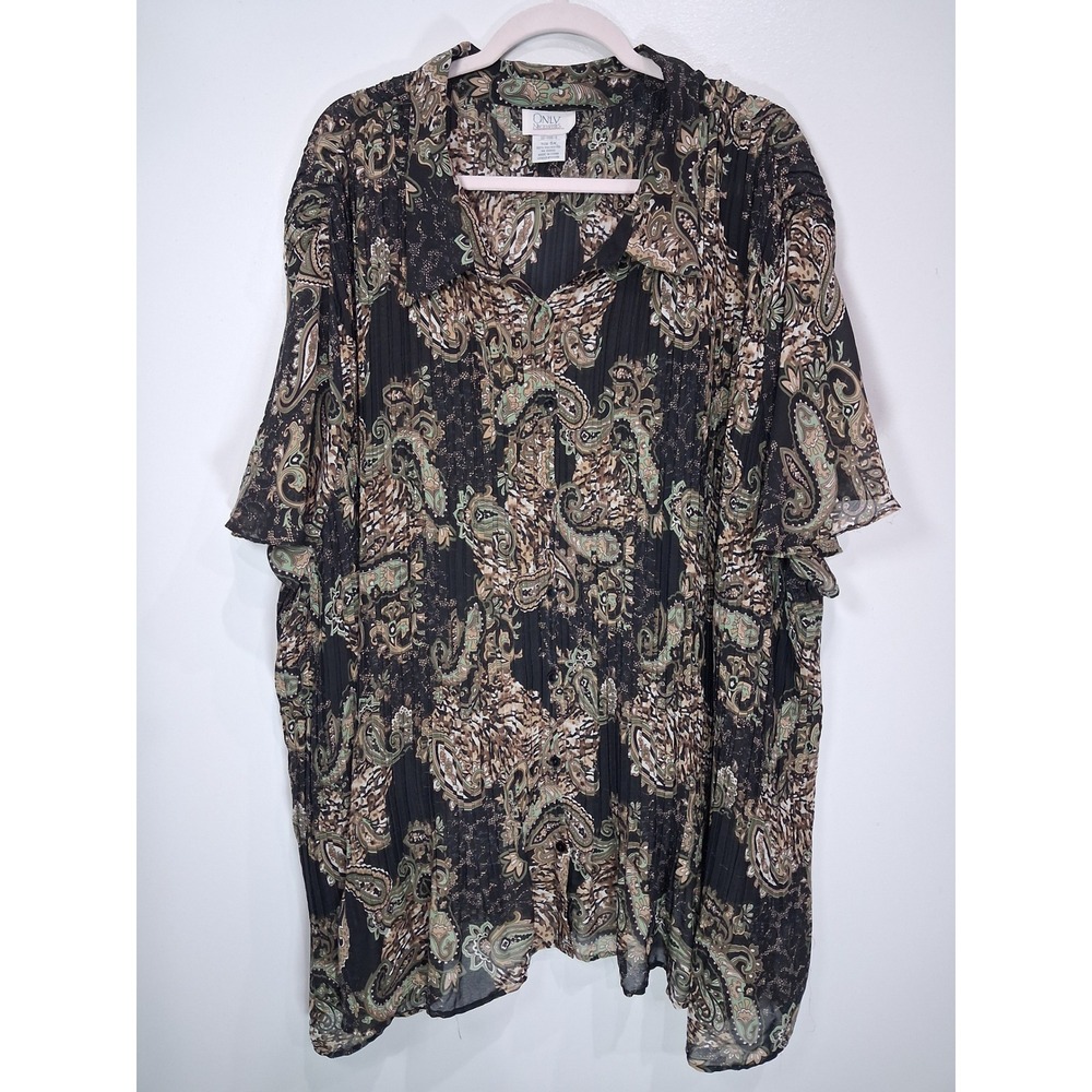 Only Necessities Womens 5X Paisley Plissé Pleated Button Down Top Black Green 5X